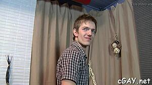 Pretty boy gay gets a hand job + chair fuck + stream of jism in High Definition video