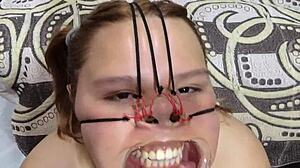 BBW slut foru amateur performs bondage with cumshot on her face