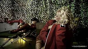 In a hardcore cock blowjob four horny babes in fishnet stockings and high heels