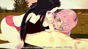 Hentai threesome with big tits and pink hair