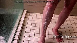 Shemale crossdressing licks her balls in the shower