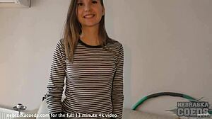 First time in the studio, 19-year-old with braces looks shy and nervous