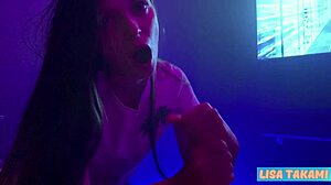 Young petite brunette gets her first taste of cum while giving a blow job
