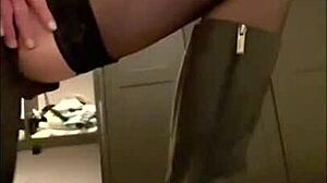German MILF in stockings enjoys bondage and piss play