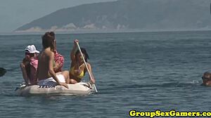Public European beach orgy with cum swallowing and anal sex