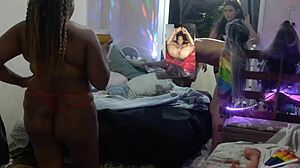 Cross dressing beauty gets naked and gives a blowjob at a party