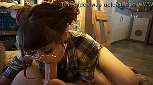 Alternative geek cutie gets covered in cum after deepthroat and ball licking