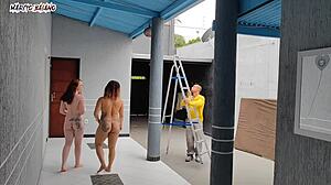 Bisexual beauties welcome naked visitor for interracial creampie